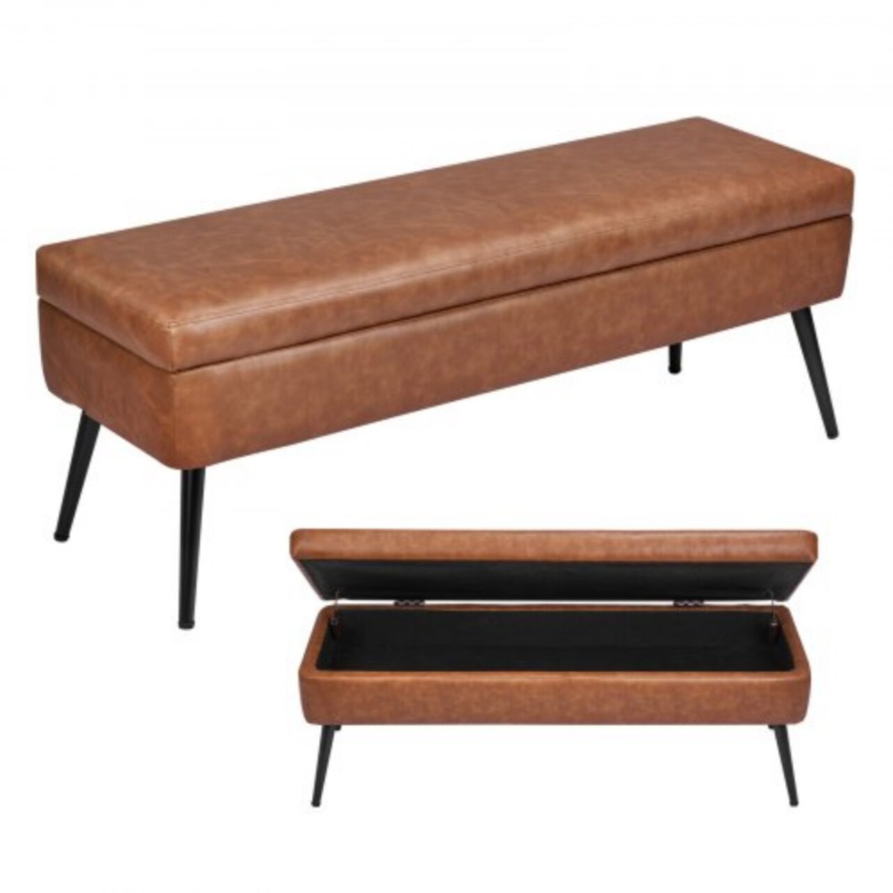 Leather Storage Ottoman Bench, PU Leather Upholstered Bench with Metal Legs for Entryway